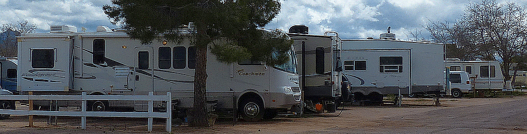 A row of motorhomes and fifth-wheels parked on the campground's shaded sites